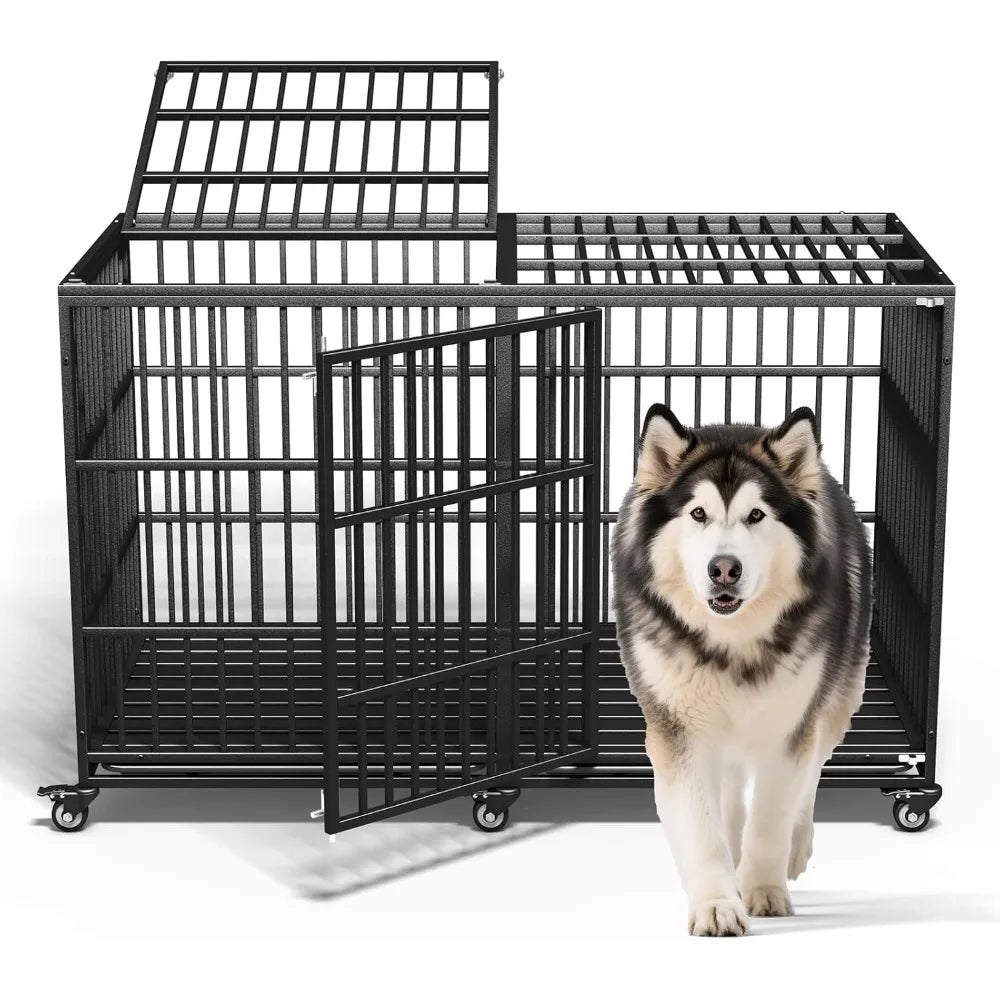 64" Heavy Duty Dog Crate Indestructible Dog Pet Kennel Cage for Extra Large Giant Breeds Double Doors Locakable Wheels High Anxi