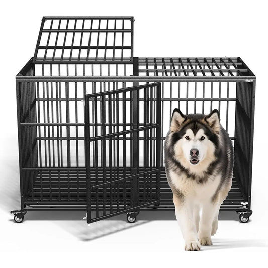 64" Heavy Duty Dog Crate Indestructible Dog Pet Kennel Cage for Extra Large Giant Breeds Double Doors Locakable Wheels High Anxi
