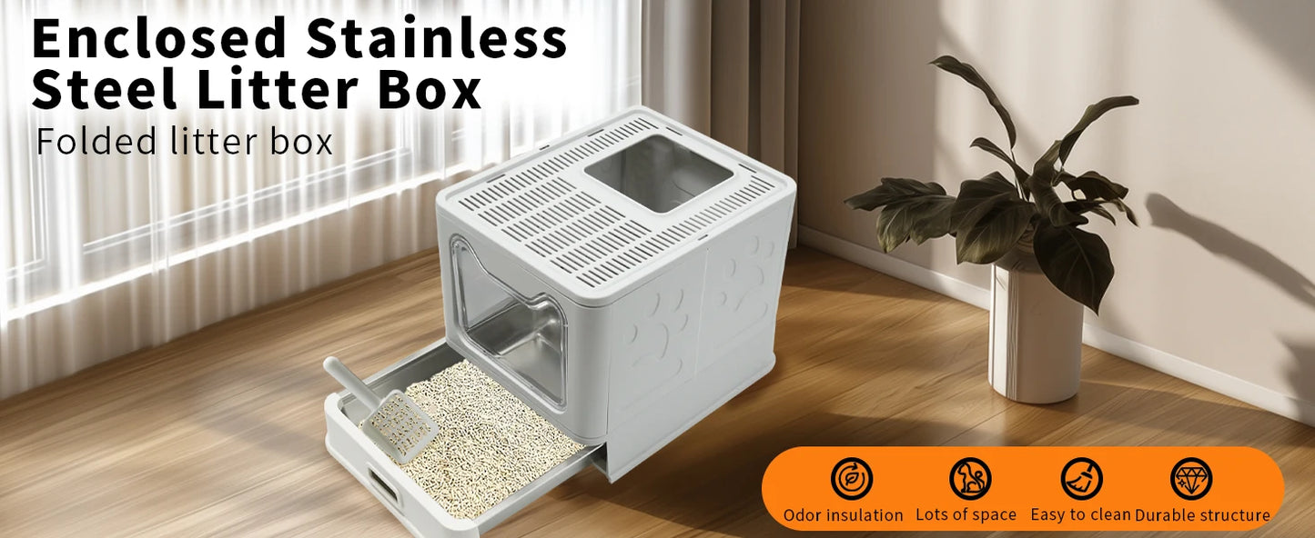 4-Style Cat Litter Box with Lid Large Kitty Litter Box Enclosed with High Sided Enclosure Scoop Non-Sticky