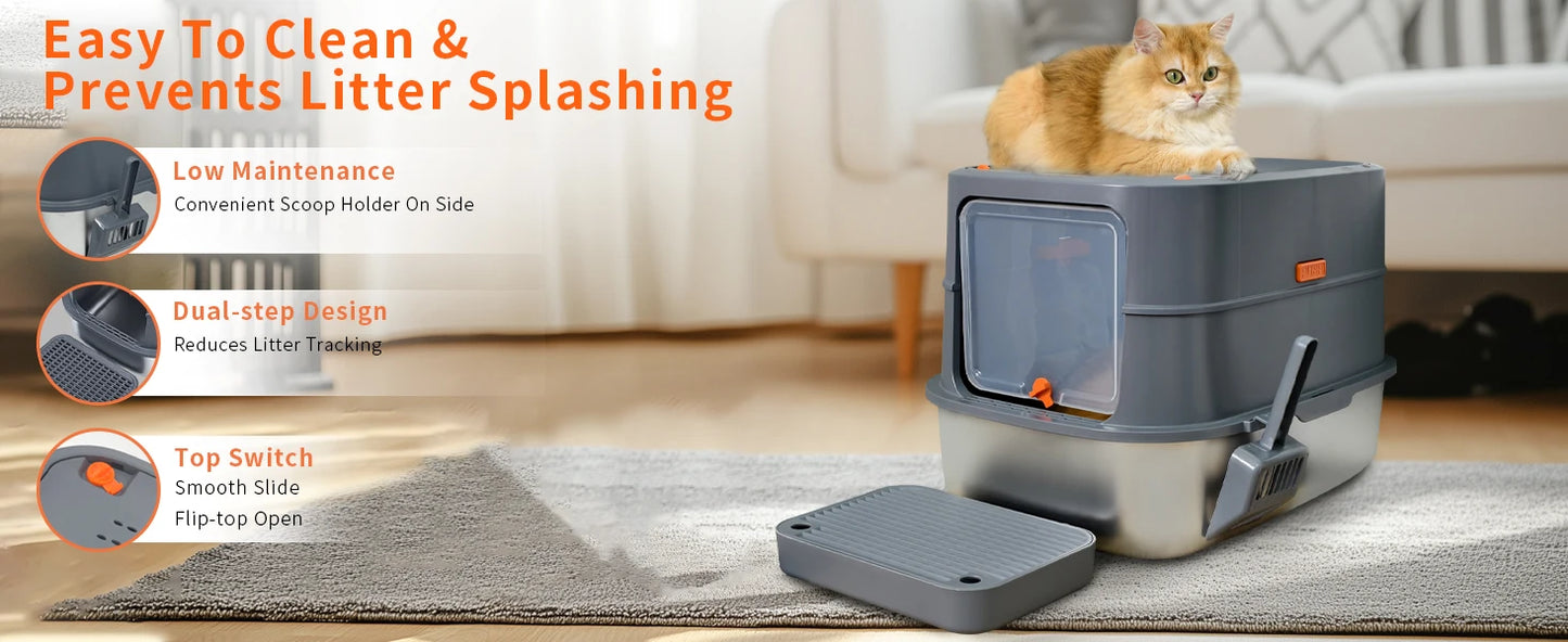 4-Style Cat Litter Box with Lid Large Kitty Litter Box Enclosed with High Sided Enclosure Scoop Non-Sticky