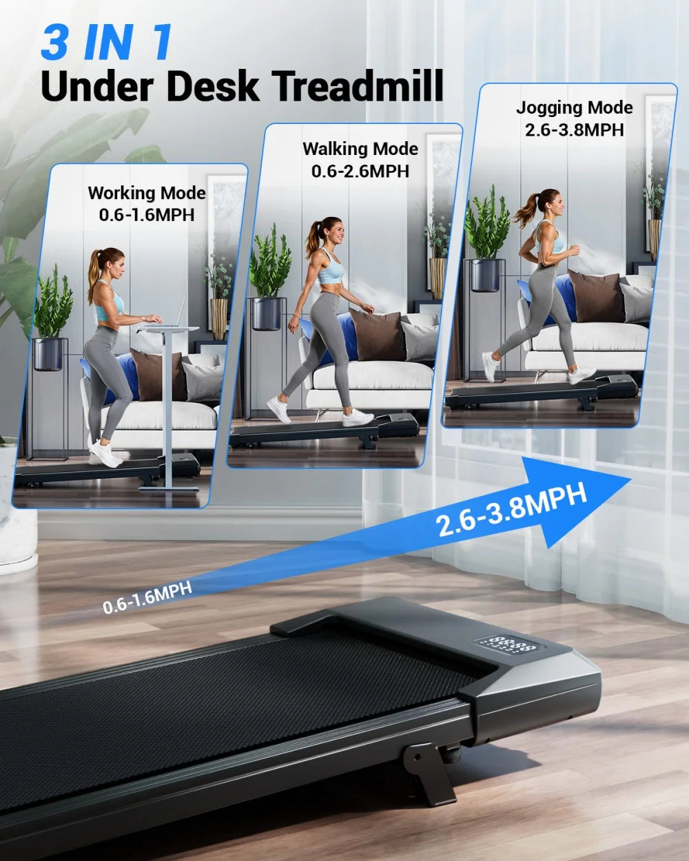 Foldable 6% Slope Under Desk Treadmills 2.5 HP Quiet Walking Pad Portable Remote Control LED Display 300LBS Exercise Walkingpad