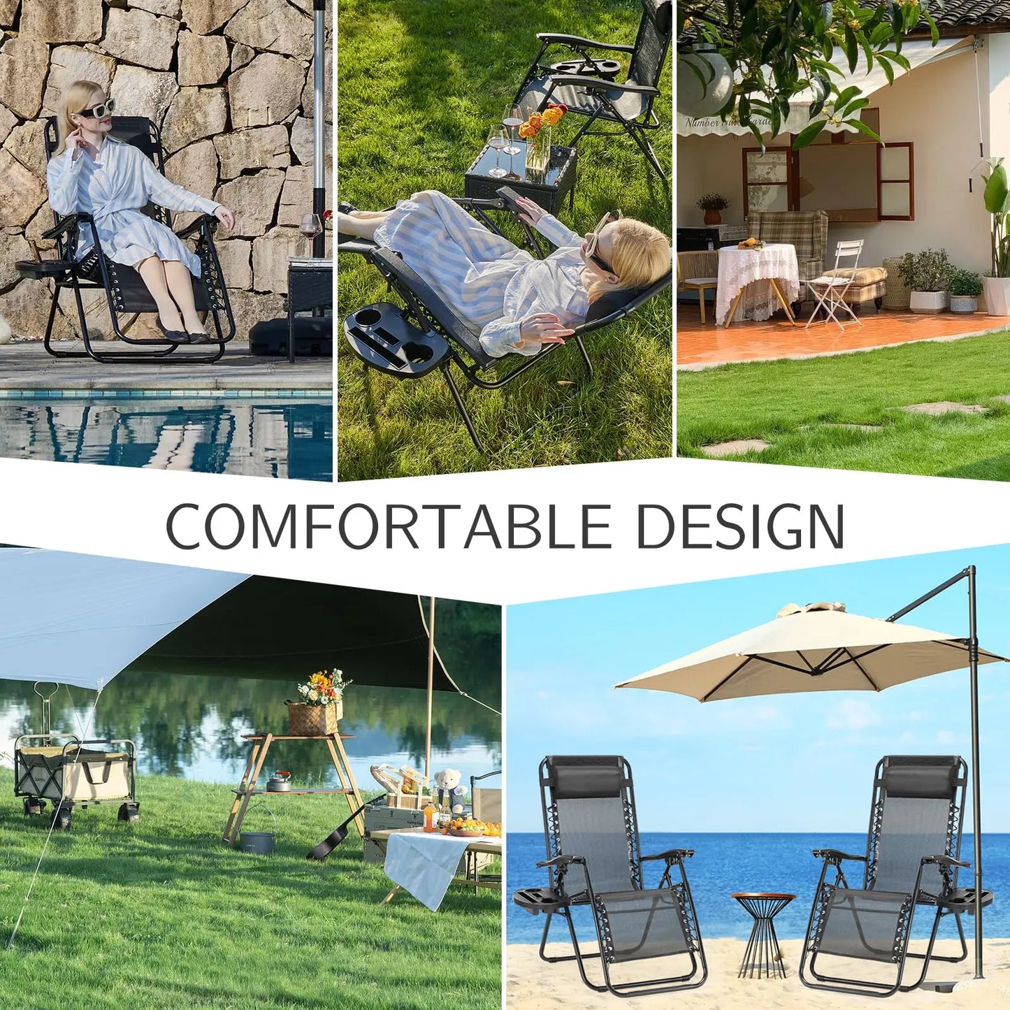 JHK Zero Gravity Set of 2 Portable Recliner Camping Patio Outdoor Garden Lounge Chair with Cup Holder Trays Adjustable Pillow