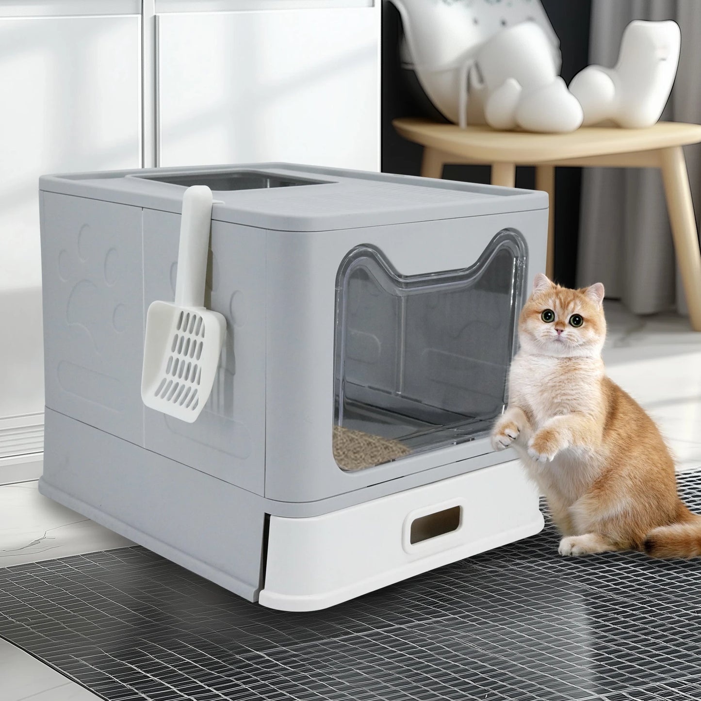 Bingopaw Stainless Steel Cat Litter Box with Lid Front Entry and Top Exit Toilet Box with Litter Scoop for Kittens,Easy Cleaning