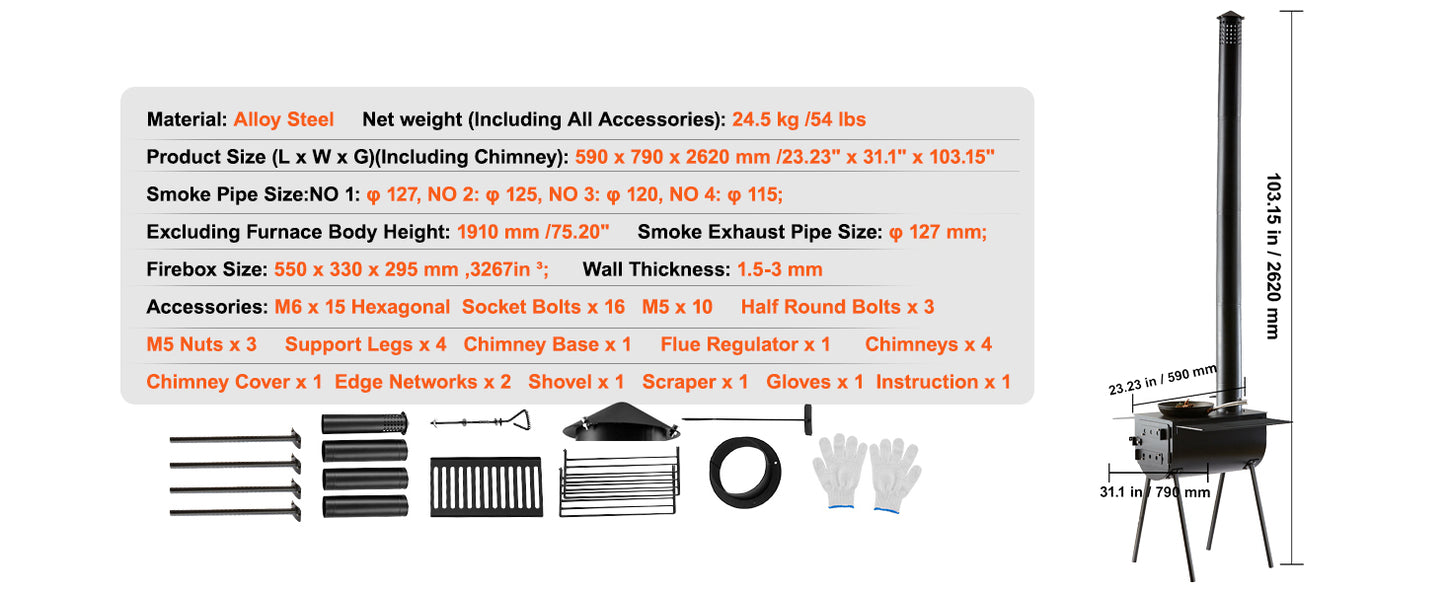 SucceBuy 118in Wood Stove Alloy Steel Camping Tent Portable Wood Burning Stove with Chimney Pipes & Gloves Hot Stove for Outdoor
