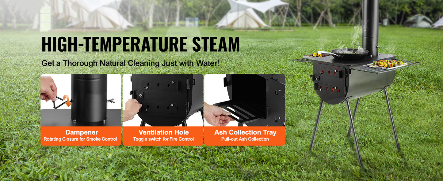 SucceBuy 118in Wood Stove Alloy Steel Camping Tent Portable Wood Burning Stove with Chimney Pipes & Gloves Hot Stove for Outdoor