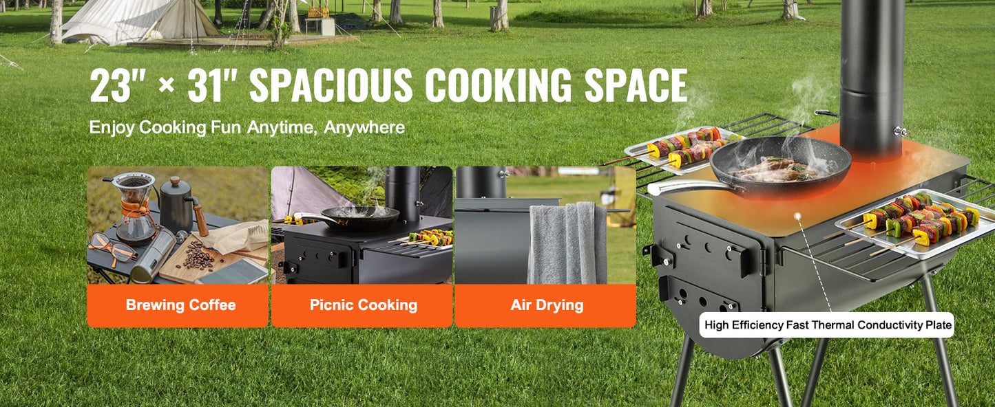 SucceBuy 118in Wood Stove Alloy Steel Camping Tent Portable Wood Burning Stove with Chimney Pipes & Gloves Hot Stove for Outdoor