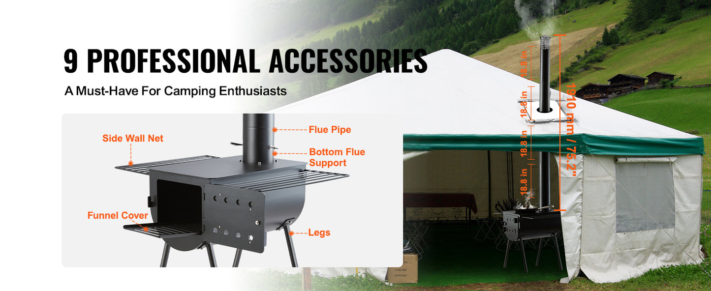 SucceBuy 118in Wood Stove Alloy Steel Camping Tent Portable Wood Burning Stove with Chimney Pipes & Gloves Hot Stove for Outdoor