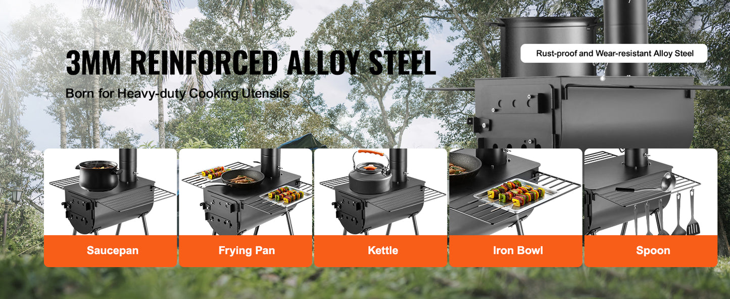 SucceBuy 118in Wood Stove Alloy Steel Camping Tent Portable Wood Burning Stove with Chimney Pipes & Gloves Hot Stove for Outdoor